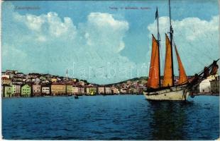 1910 Mali Losinj, Lussinpiccolo; general view, sailing vessel. Purger & Co. Photochromiekarte. Verlag O. Achtschin