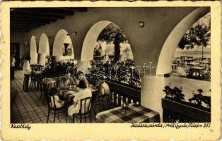 1941 Keszthely, Halászcsárda (Prill Gyula), étterem terasza vendégekkel és pincérrel + KESZTHELY - CELLDÖMÖLK 197 vasúti mozgóposta bélyegző (EK)