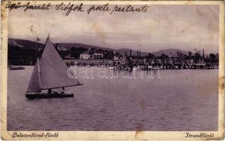 1931 Balatonfüred, Strandfürdő, vitorlás + "KESZTHELY - BUDAPEST 48 C" vasúti mozgóposta bélyegző (EB)