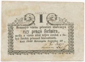 Rozsnyó 1849. 1Ft Rozsnyó város pénztári utalványa nyomdahibás, áthúzott t nélkül AUGUSLUS T:II-,III bal felső negyedben egy helyen elvékonyodott papír / Hungary / Rozsnyó (Rožňava) 1849. 1 Forint Rozsnyó város pénztári utalványa with printing error AUGUSLUS C:VF,F upper-left quadrant with thinned paper at one spot Adamo ROZ-2.2.3