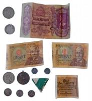 Vegyes érme- és bankjegytétel, közte 1947. 5Ft Ag Kossuth (2x) + 1803G 20kr Ag I. Ferenc (lyukasztott) 1956-os FORTE dobozban T:vegyes