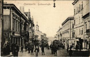 1916 Chernivtsi, Czernowitz, Cernauti, Csernyivci; Rathausstrasse, Apotheke / town halls street, tram, pharmacy (EK)