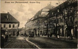 1907 Nagyszeben, Hermannstadt, Sibiu; Grosser Ring / utca, villamos, Ludwig Fuchs üzlete. Karl Graef kiadása / street, tram, shops