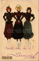 1900 Eisblumen III. Kunstanstalt Kosmos / Ladies ice skating, Art Nouvea, litho