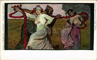 Gruppe a.d. Wandegemälde "Erntefreuden" Onyxsaal "Haus Trarbach" Weinstuben / Art Nouveau gently erotic art postcard. Georg Büxenstein & Comp s: Albert Klingner