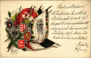 1915 A Hadsegélyező Hivatal és a Vöröskereszt Együttes akciója. Központi hatalmak zászlói és címerei / WWI flags and coat of arms of the Central Powers. litho (EK)