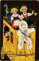 1912 Fröhliche Weihnachte / Christmas greeting with snowman. Raphael Tuck & Sons Oilette Serie Weihnachtsferienreise No. 804.