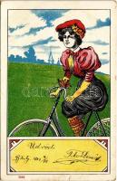 1899 (Vorläufer) Lady on bicycle. Art Nouveau, litho (Rb)