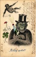 1904 Boldog új évet! Majmok pezsgővel / New Year greeting with monkeys and champagne