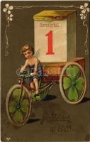 1908 Boldog új évet! Januárius 1. Kerékpározó angyal / New Year greeting with angel on bicycle. Emb. litho