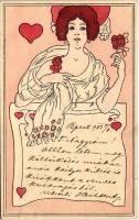 1902 Art Nouveau lady with rose, hearts. B.R.W. 409. Unsigned Raphael Kirchner, Emb.