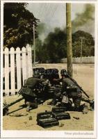 Második világháborús német katonai lap. Német páncélosvadászok ellenséges oszlopok megsemmisítésénél. E. Grimm haditudósító felvétele. PK-Aufn. Kriegsber. C. Berger, Carl Werner / WWII German military (fa)