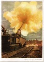 Második világháborús német katonai lap. Német vasúti ágyú tüzelés közben. Stephan haditudósító felvétele. PK-Aufn. Kriegsber. C. Berger, Carl Werner / WWII German military railway cannon during firing