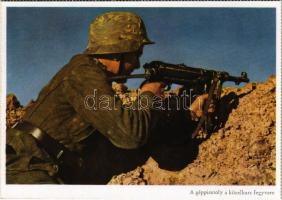 Második világháborús német katonai lap. A géppisztoly a közelharc fegyvere. Dr. Bohne haditudósító felvétele. PK-Aufn. Kriegsber. C. Berger, Carl Werner / WWII German military infantry with machine gun