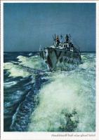 Második világháborús német katonai lap. Aknafelszedő hajó teljes gőzzel halad. Böttcher haditudósító felvétele. PK-Aufn. Kriegsber. C. Berger, Carl Werner / WWII German Navy minesweeper