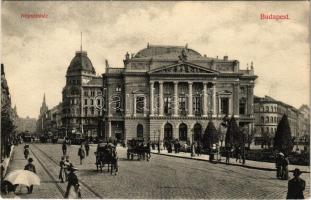 1908 Budapest VIII. Népszínház, villamosok, lovaskocsik pénztár, zálogkölcsön, drogéria. Divald Károly 629-1908. (EK)