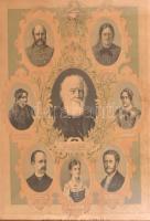 cca 1890 Kossuth Lajos és családja, nagy méretű litográfia, sérült, foltos. Korabeli díszes historizáló, kissé sérült üvegezett fa keretben. 69,5x55 cm.
