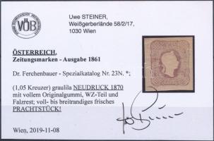Hírlapbélyeg újnyomat szürkéslila, vízjeles Certificate: Steiner Newspaper stamp reprint greyish lil...