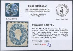 15kr kék, teljes gumival, halvány falcnyom, magas katalógusár Certificate: Strakosch 15kr blue, orig...