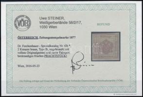 Hírlapilletékbélyeg 2kr barna Ib Certificate: Steiner Newspaper duty stamp 2kr brown, Ib. Certificat...