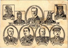 Horthy Miklós, Hitler, Mussolini, Hirohito, Árpád, I. Mátyás, Szent István, Rákóczi Ferenc, Horthy István. Art Nouveau, Fodor Sándor hadirokkant   (fa)