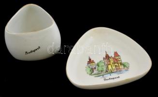 Budapest feliratú, háromszögletű, Aquincumi porcelán tálka és csészécske, matricás, jelzett, kopott,10x10x10 cm, 6x6x6x4,5 cm