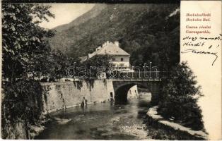 1906 Herkulesfürdő, Herkulesbad, Baile Herculane; Cserna részlet, híd. Divald Károly 903. sz. / Cerna river, bridge (EK)