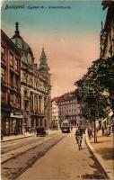 1921 Budapest V. Egyetem tér, villamos, kerékpáros, Törlesztési Bank, Blazek Adolf műköszörűs és Szabó Vilmos üzlete, automobil