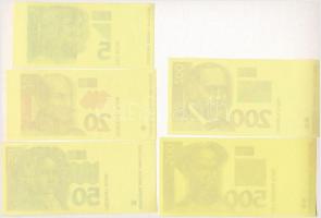 Horvátország 1993. 5K + 20K + 50K + 200K + 500K + 1000K, mind előlapi színpróba + 200K + 500K + 1000...