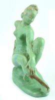 Ülő női akt, zöld mázas kerámia, jelzés nélkül, sérült, kopott, foltos, m: 26 cm, h: 26 cm