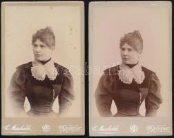 cca 1900 Női portré, keményhátú fotó Muschalek Károly brassói műterméből, 2 db, 10,5×6,5 cm