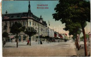 1917 Temesvár, Timisoara; Bonnáz utca, Takarékpénztár, villamos, üzletek / street view, savings bank, tram, shops (fl)