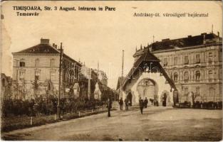 1924 Temesvár, Timisoara; Str. 3. August. Intrarea in Parc / Andrássy út, Városliget bejárata / street view, park entrance (EK)