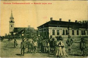 Törökszentmiklós, Kossuth Lajos utca, takarékpénztár, templom. Vámos Lajos kiadása. W.L. 1815 (?)