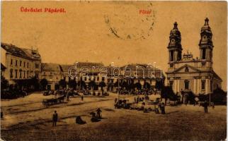 1909 Pápa, Fő tér, templom, piac, Vágó Dezső üzlete. W.L. (?) 343.