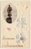 Moscow, Moskau, Moscou; Monument de Gogol / Gogol statue, monument. Custom-made Floral Emb. greeting card with silk flowers (non PC) (cut)