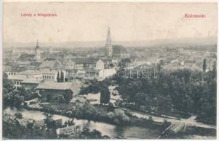 1908 Kolozsvár, Cluj; látkép a Fellegvárból, híd, Ormai üzlete. Schuster Emil kiadása / general view, bridge, shop (ázott sarkak / wet corners)