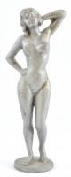 Ezüst színű ón női akt szobor, jelzés nélkül, foltos, m: 27,5 cm