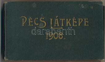 1908 Pécs látképe - saját készítésű képeslapfüzet 42 összeragasztott képeslappal: érdekes és izgalmas utcaképek, üzletek, gyárak, zsinagóga. W.L.? / custom made postcard booklet with 42 postcards glued together: interesting street view, shops and factories, synagogue