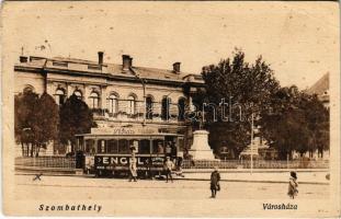 1922 Szombathely, városháza, villamos Engel szappangyáros és Velma Suchard csokoládé fondant reklámmal (EB)