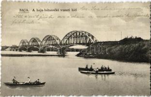 1929 Baja, Baja-Bátaszék vasúti híd, evezős csónakok. Ifj. Wagner Antal kiadása
