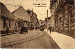 1914 Pécs, Irgalmasok utca, villamos, lovaskocsi, Kreisler áruháza, üzletek. Alt és Böhm 3607.  (EK)