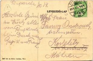 1914 Pécs, Irgalmasok utca, villamos, lovaskocsi, Kreisler áruháza, üzletek. Alt és Böhm 3607.  (EK)