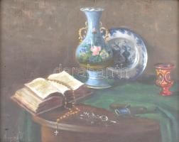 Ányos Viola (1872-1945): Asztali csendélet. Olaj, farost, jelzett, üvegezett keretben, 21×26,5 cm