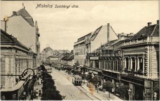 Miskolc, Széchenyi utca, Szántó Mór és Társa ruha háza, Neumann M., Kerekes Miklós, Rosenberg Testvérek üzlete, villamos. Kiadja Ferenczi B. 62.