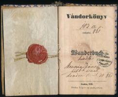 1861-1863 Arad, üveges vándorkönyve, német és magyar nyelven, bejegyzésekkel, pecsétekkel, töredezett viaszpecséttel, javított kötéssel.