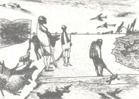 Lóránt János Demeter (1938): Emberek - állatok. Rézkarc, merített papír, jelzett, művészpéldány E/A XIX/XX. Üvegezett fa keretben, 19,5x28,5 cm