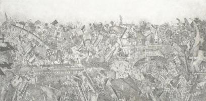 Neuberger István (1953-): Megtévett békegalambok. Rézkarc, merített papír, jelzett, művészpéldány EA. Üvegezett fa keretben, 11,5x24 cm