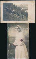 cca 1914-1918 I. világháborús nővér és katonai csapat fotólapja, egyik hátulján írás, 14x8,5 cm, 9x13,5 cm