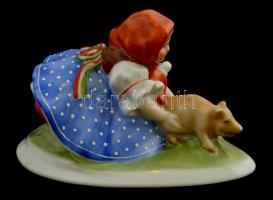 Herendi malacos lány, kézzel festett, jelzett (Vastaghné) hibátlan, 13x9 cm